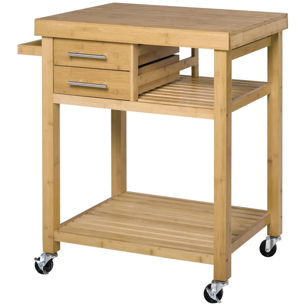 

Bamboo Kitchen Island on Wheels, Utility Trolley Cart with 2 Storage Drawers, Butcher Block Cart with Open Shelves, Customized