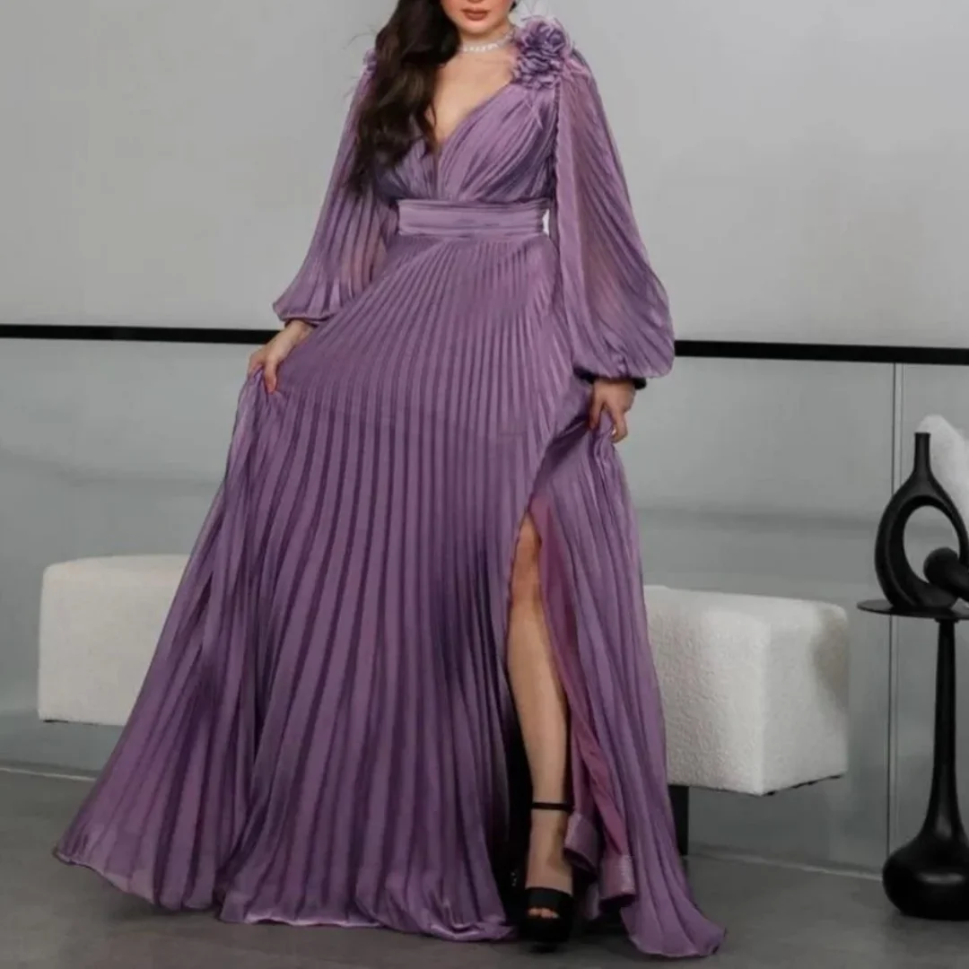 

Elegant Formal Pleat Flower A-line V-neck Long Dresses Matching Sparkle Bespoke Occasion Dresses Customized