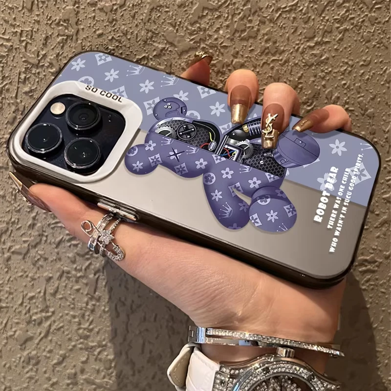 Luxo retro robô urso padrão caso de telefone para iphone 17 pro 16 15 14 13 12 11 pro max 16 plus 16e 17 ar à prova de choque capa traseira