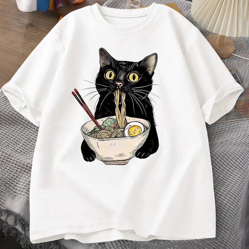 

Футболка с изображением лапши Ramen Cat, футболки с лапшой для влюбленных, футболки с черным котом и лапшой, повседневная футболка в стиле ретро с короткими рукавами для мужчин и женщин, одежда
