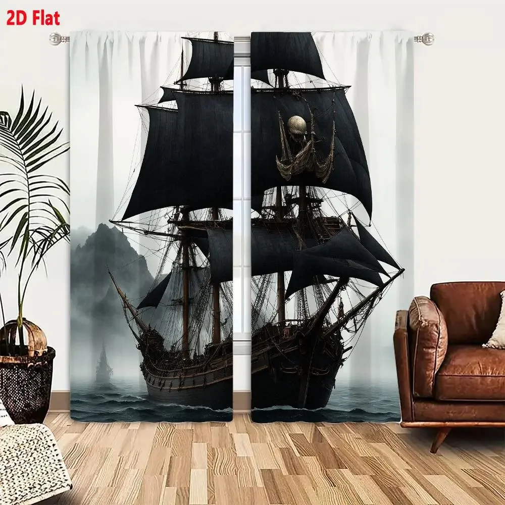 Haunted Pirate Ship Ocean Scene Curtain Waterproof Window Drapes for Gothic Bedroom Decor