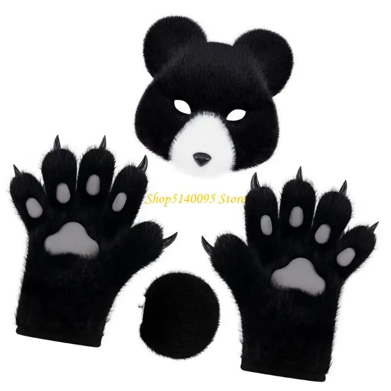 DXAE 3PCS Bären Kostüm Halloween Tier Cosplay Kostüm Bärenmaske, Schwanz, Bärenpfoten Handschuh
