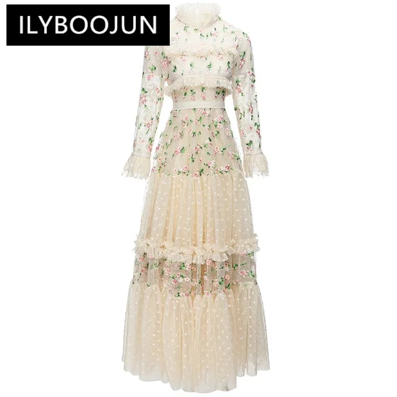 

ILYBOOJUN Flare Sleeve Standing Collar Mesh dress Spring Autumn Ruffle Flower Embroidered Women's Holiday Waist Up Long Dresses