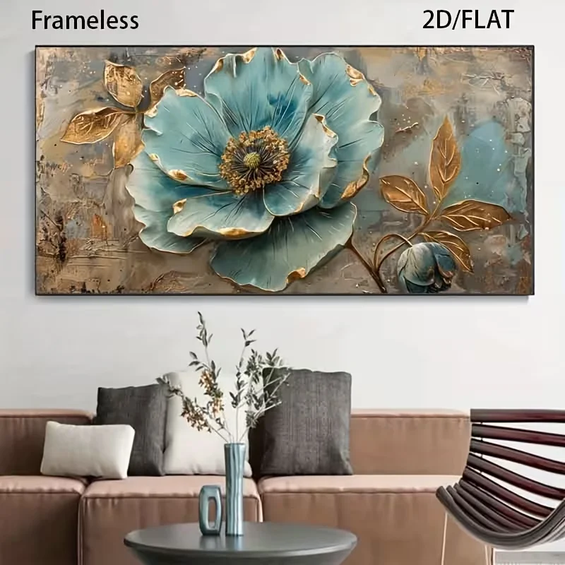 2D Flat, 2D Flat, Frameless Modern Canvas Artwork Featuring a Light Turquoise And Golden Floral Design, Measuring 27.55 Inches b