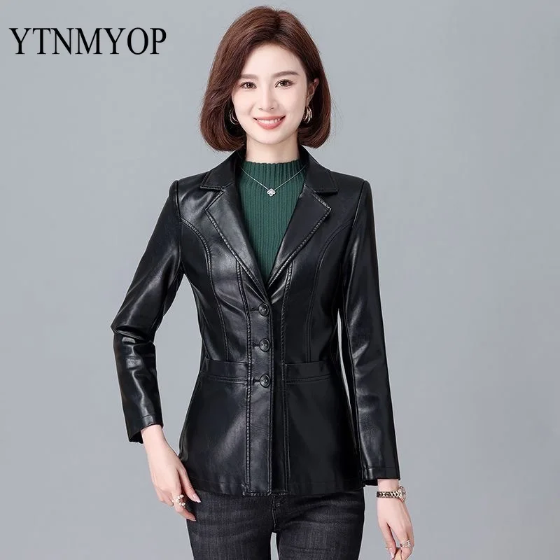 New Spring Jackets Women M-5XL Office Lady Blazer Coats Autumn Elegant Simple Leather Clothing Faux Leather Suede