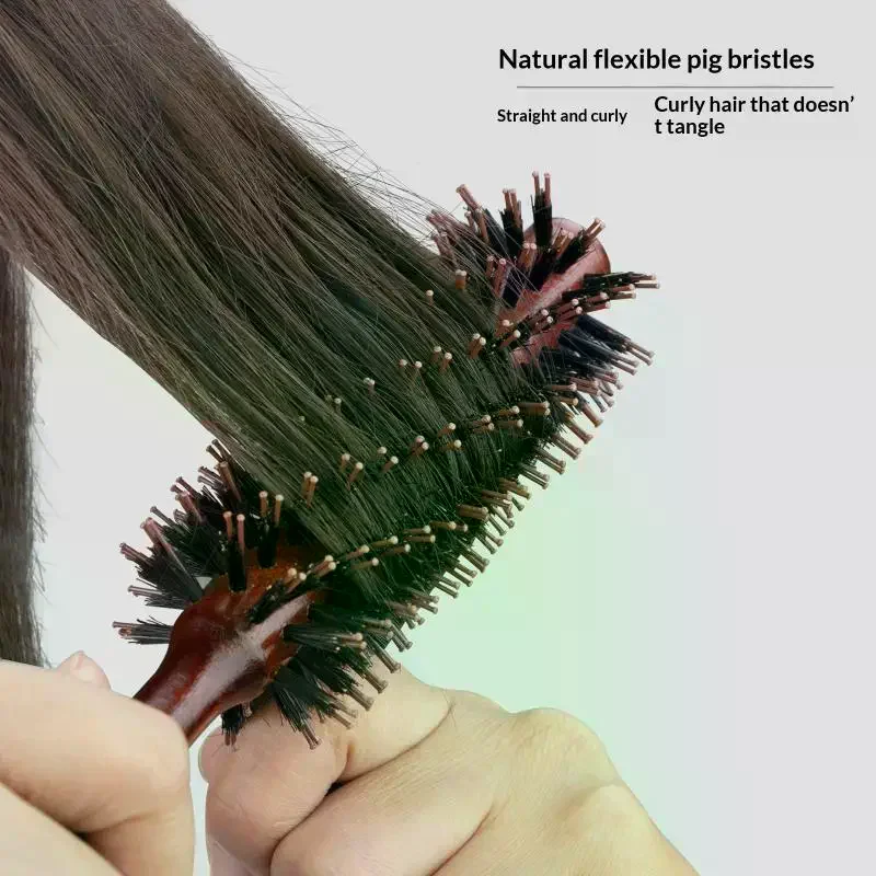 Wood Handle Boar Bristles Round Brush Tail Professional Barber Salon Hairdressing Hair Brush Home Blow Dry Curling Volume Comb