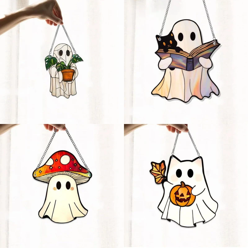 Halloween Decorations Colorful Shadow Cute Ghost Sun Catcher Ghost Hanging Decor 2D Acrylic Window Hanging Ornament for Gift