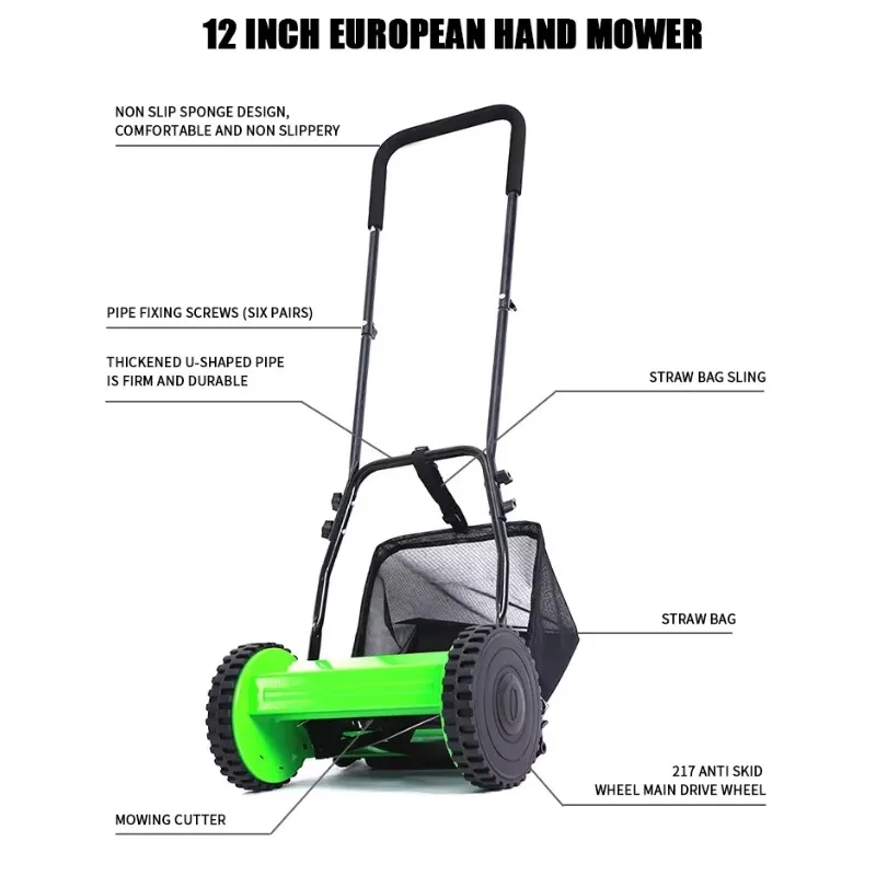 2 Wheels Hand Push Lawn Mower Cutting Height Adjustable Custom Iron Manual Grass Cutting Machine