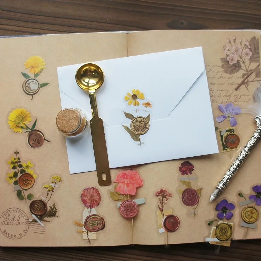 

28pcs Natural Dried Flower with Sealing Wax Style PVC Sticker Scrapbooking DIY Gift Packing Seal Label Decoration Tag