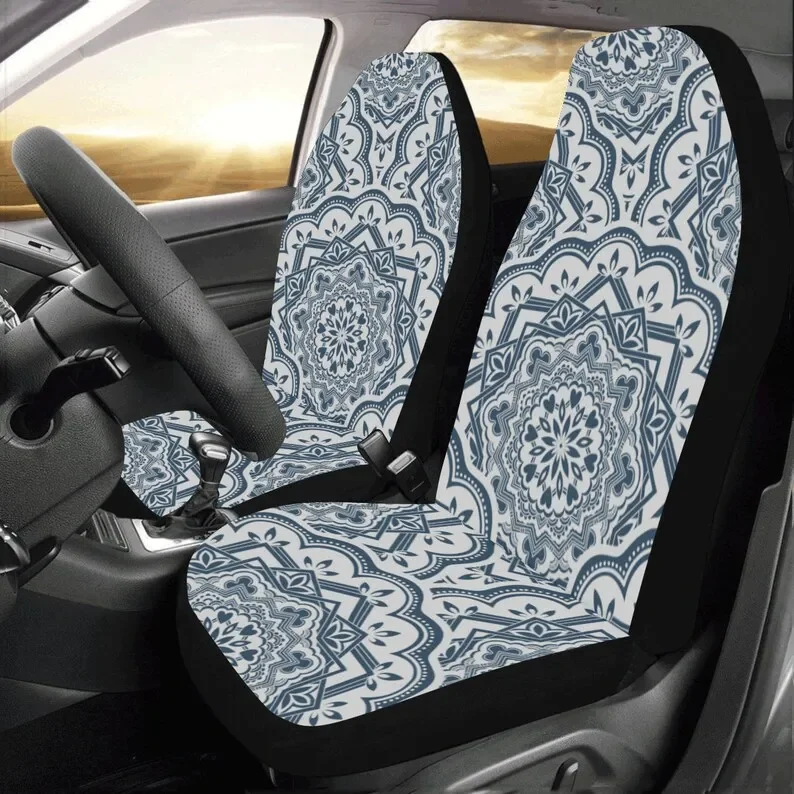 Blue Damask Mandala Boho Car Seat Covers 2 pc, Tribal Pattern Bohemian Oriental Art Front Seat Covers, Car SUV Protector Accesso