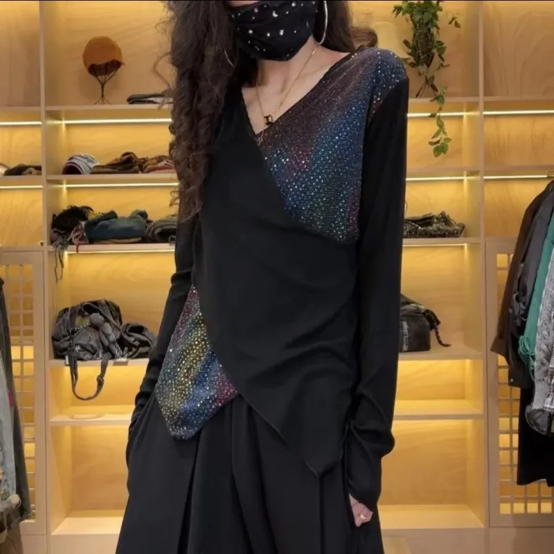 

Women Clothing Vintage Sequins Patchwork Asymmetrical Design Chic T-shirt Female Y2K Trendy Casual V Neck Long Sleeve Loose Tops
