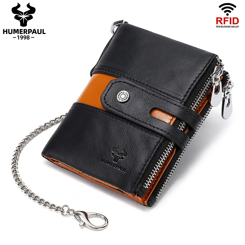 Vintage RFID Blocking Genuine Leather Wallet for Men Double Zipper Chain Coin Purse Multi-Slot ID Card Case Billetera De Hombre