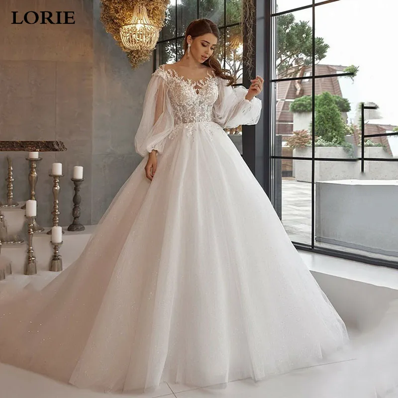 LORIE Glanzende Glitter Kant Trouwjurken Bladerdeeg Mouw Applicaties off Schouder Tule Boho Bruid Jurk Aangepaste vestidos de novia