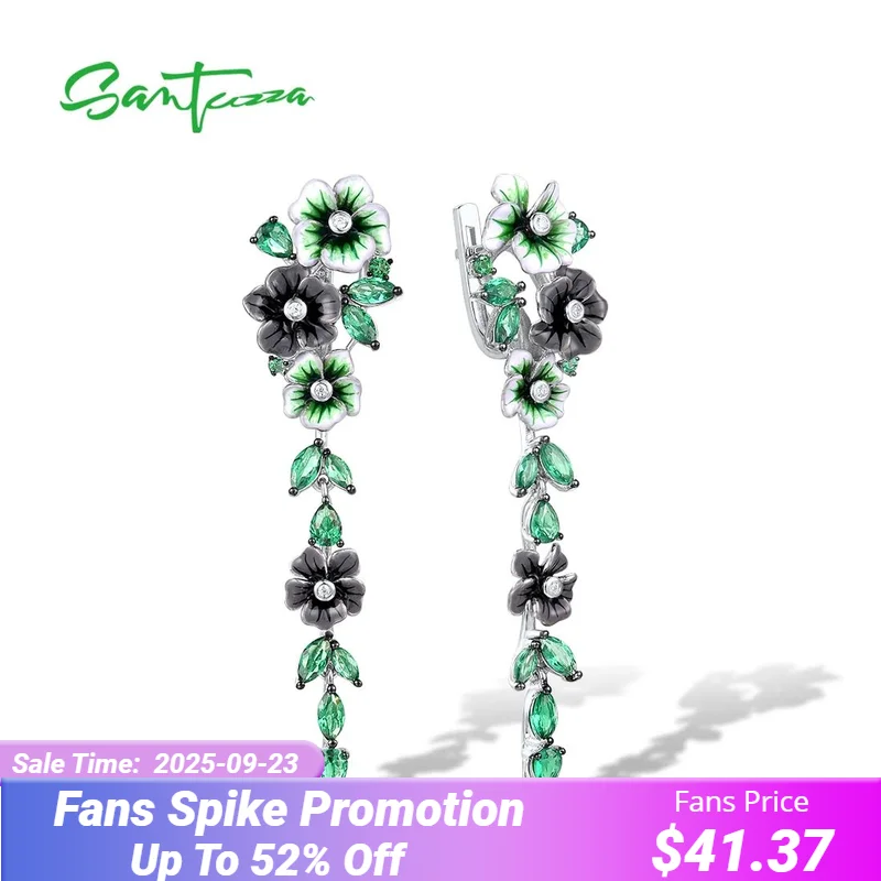 

SANTUZZA Silver Earrings For Women Pure 925 Sterling Silver Green Spinel White CZ Blooming Flowers Fine Jewelry Handmade Enamel