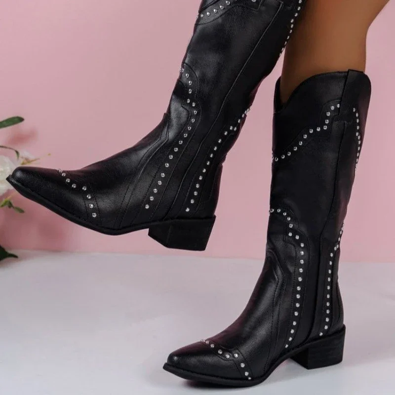 Retro Rivet Mid Calf Cowboy Boots for Women 2024 Autumn  Chunky Heels Western Boots Woman Slip on Pointed Toe Cowgirl Boras