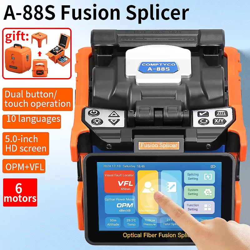 A-88S 6-Motor Fiber Fusion Splicer with Multilingual Touch Screen SM/MM Optical Fiber Core Welding Machine with VFL OPM