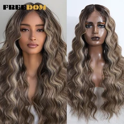 FREEDOM Synthetic Lace Front Wigs For Women 28 Inch Loose Body Wavy Middle Part Wig Ombre Brown Blonde White Wig Cosplay Wigs