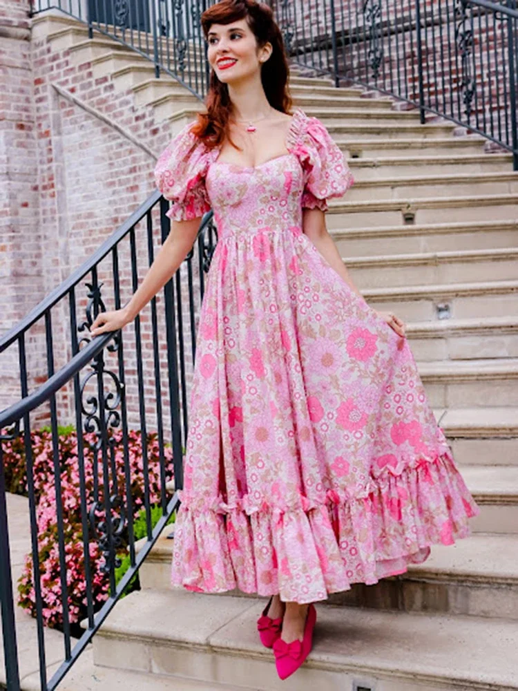 

Gypsylady Pink Floral Printed Chic Maxi Dress Off The Shoulder Summer Elegant Women Dresses Puff Sleeve Party Holiday Vestidos
