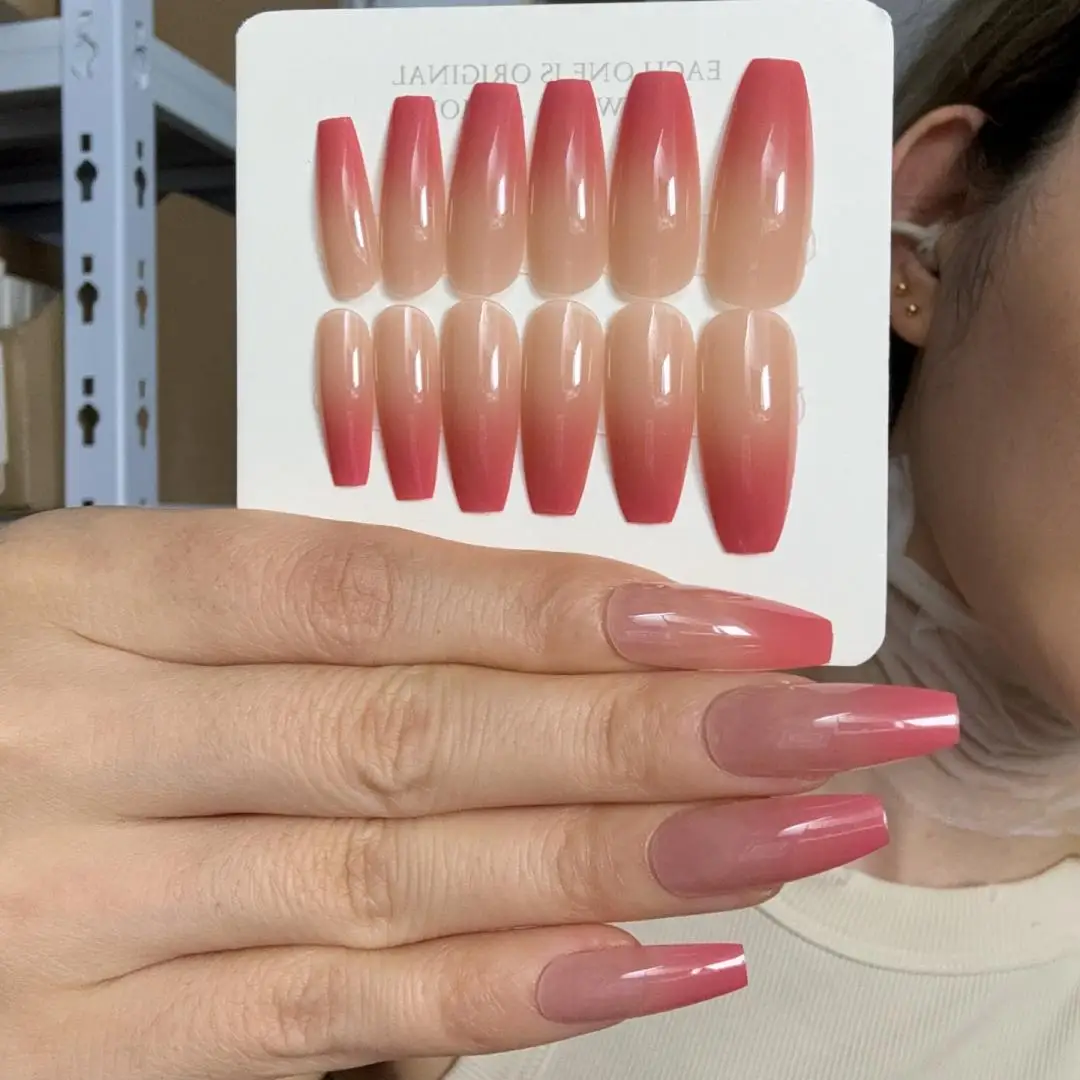 24pcs/box Long Wearable False Nail Tips Acrylic False Nail Art Red Gradient Press on Nails Removable Full Cover Fake Nails Set
