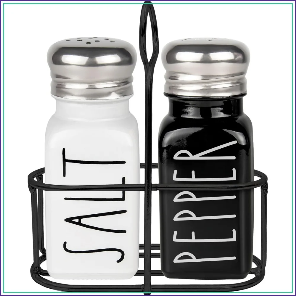 Farmhouse Salt and Pepper Shakers Set with Holder - Vintage Glass, Stainless Steel Lids, Black/White