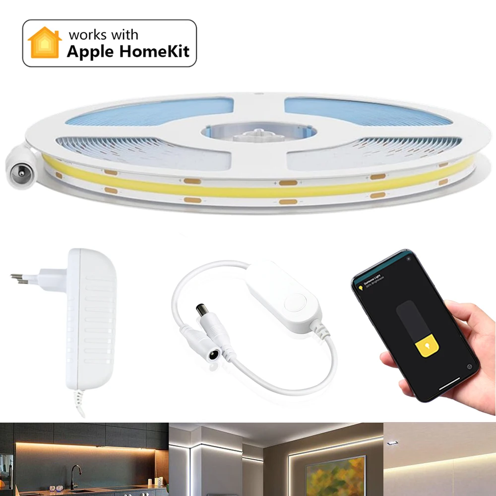 

Homekit WiFi COB LED Strip Light 12V 1m 2m 3m 4m 5m Flexible Dimmable Lamp Band Warm Neutral White 3000K 4000K 6500K Siri Voice