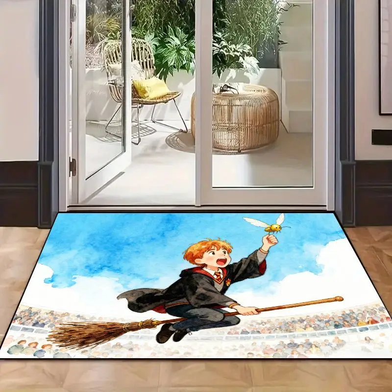 1PC Trendy Anime Cartoon Magic Wizard Student Flying Broom Floor Mat, 50x80cm Non-Slip Absorbent Fantasy Golden Creature Catchin