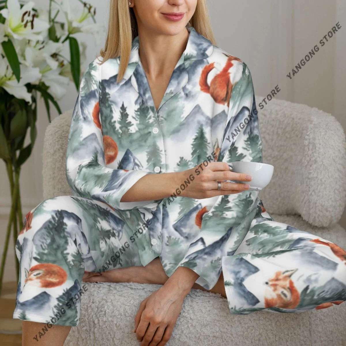 Spring and Autumn Pajama Set Women's Long Sleeve Pants Two Piece Woodland Trees Fox Mountain Pattern Home Furnishing Set