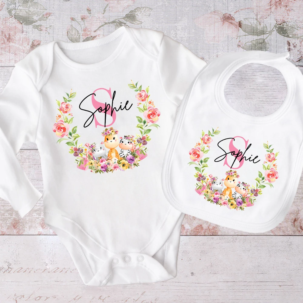 Personalized Initial with Name Matching Baby Bib & Romper 2PCS Newborn Bibs Bodysuit Set Baby Summer Clothes Infant Shower Gift