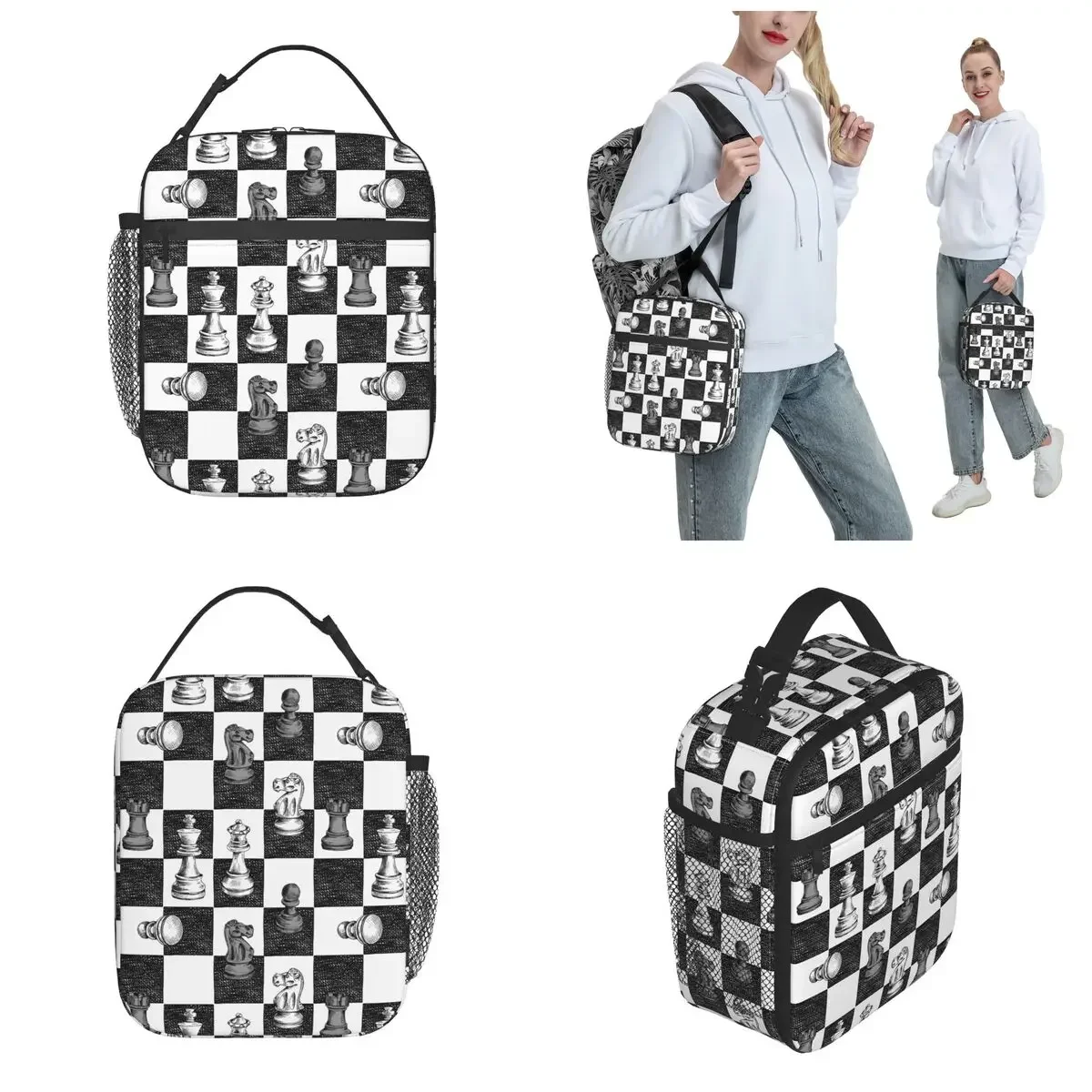 Board Game Chess Figures Checkered Lunch Bag Black and White Checkboard Lunch Food Box New Arrival Cooler Thermal Lunch Box