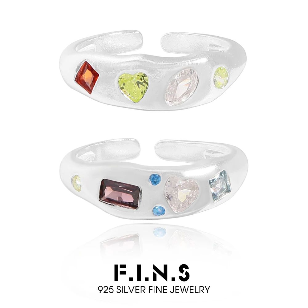 F.I.N.S Original Korean Style Luxury Contrast Color Purple Green Zirconia Ring Minimalist Stacked Resizable Finger Jewelry Gift