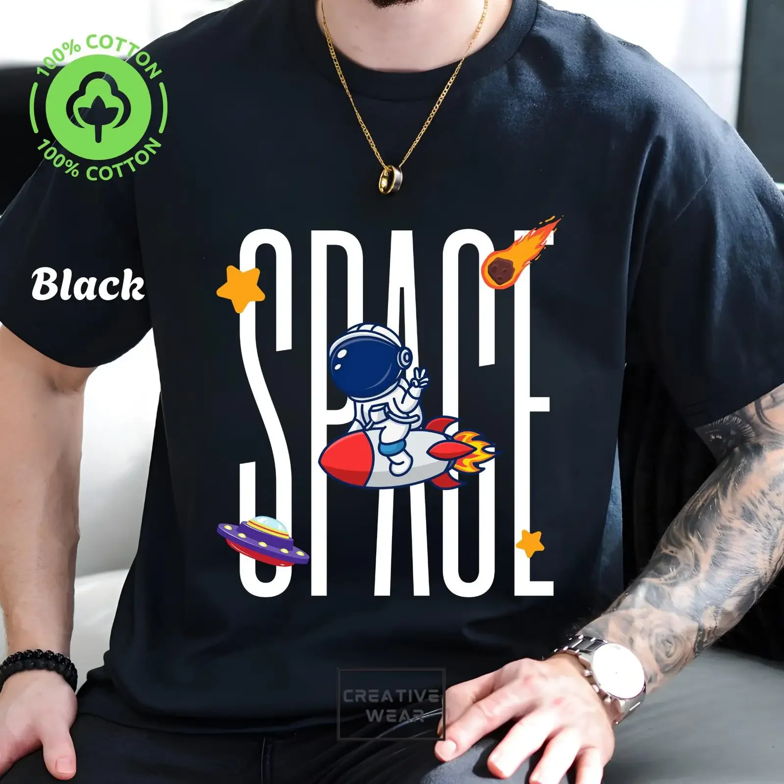 Funny Astronaut Space T Shirt with Rocket Cartoon Design for Lovers vintage Washed Top For Everyday Wear designer clothes