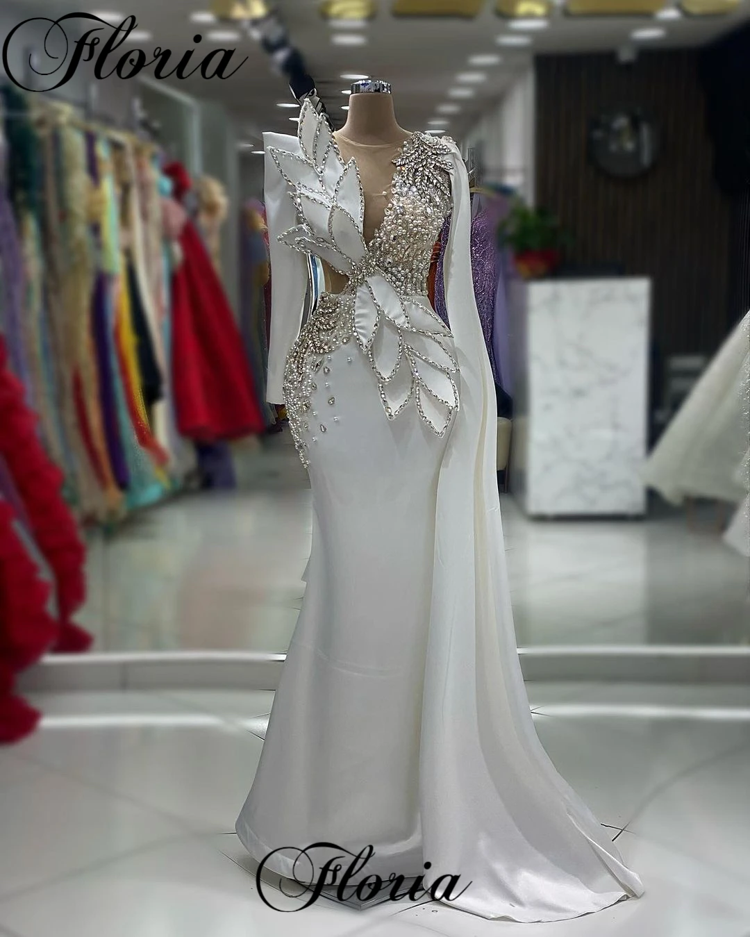 White Crystals Evening Dresses 2024 Pearls Formal Occasion Dresses Mermaid Robes De Soirée Special Celebrity Dresses For Women