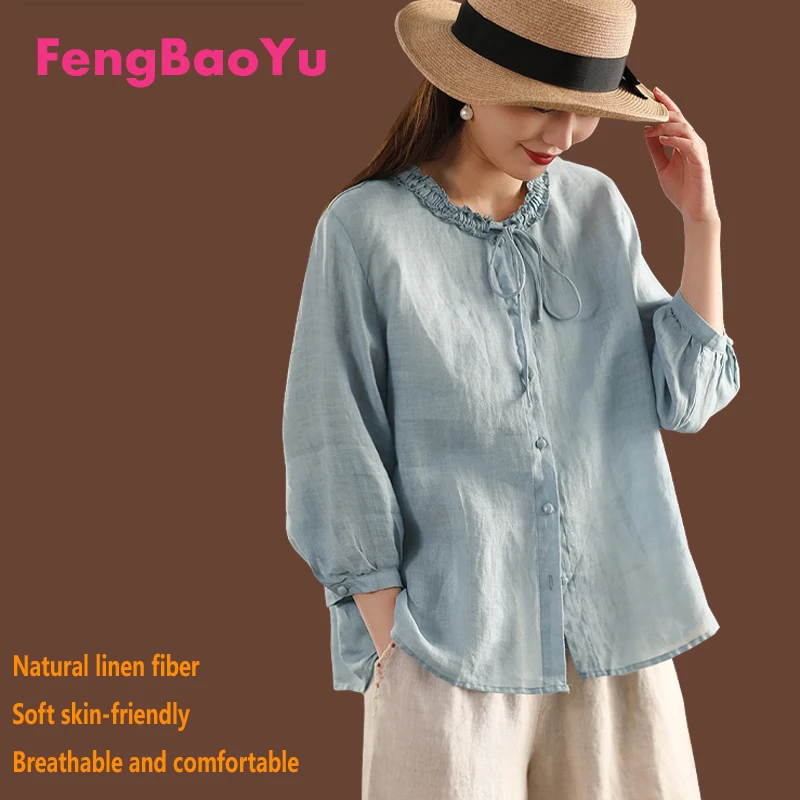 

100% Natural Pure Linen Women's Shirt, Light Blue Black Ear Collar Lace-up Top, Elegant Women's Business Casual Spring Summer