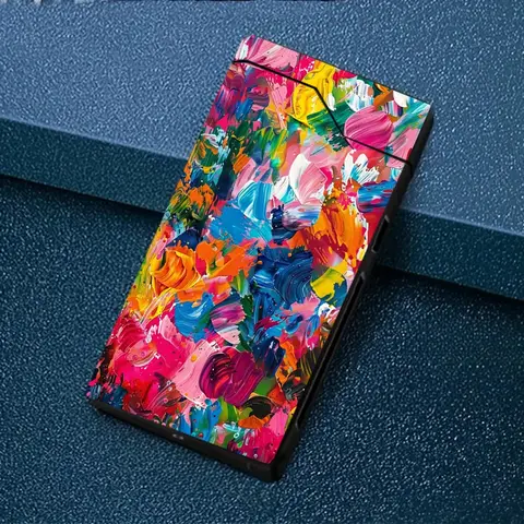 1 unidade de isqueiro elétrico à prova de vento com padrão de pintura a óleo abstrata colorida, isqueiro eletrônico, isqueiro eletrônico à prova de vento, carcaça de metal, indicador de bateria, isqueiro com carregamento via Type-C, duplo arco, embalagem em caixa de presente, programa de desligamento automático, para uso ao ar livre.