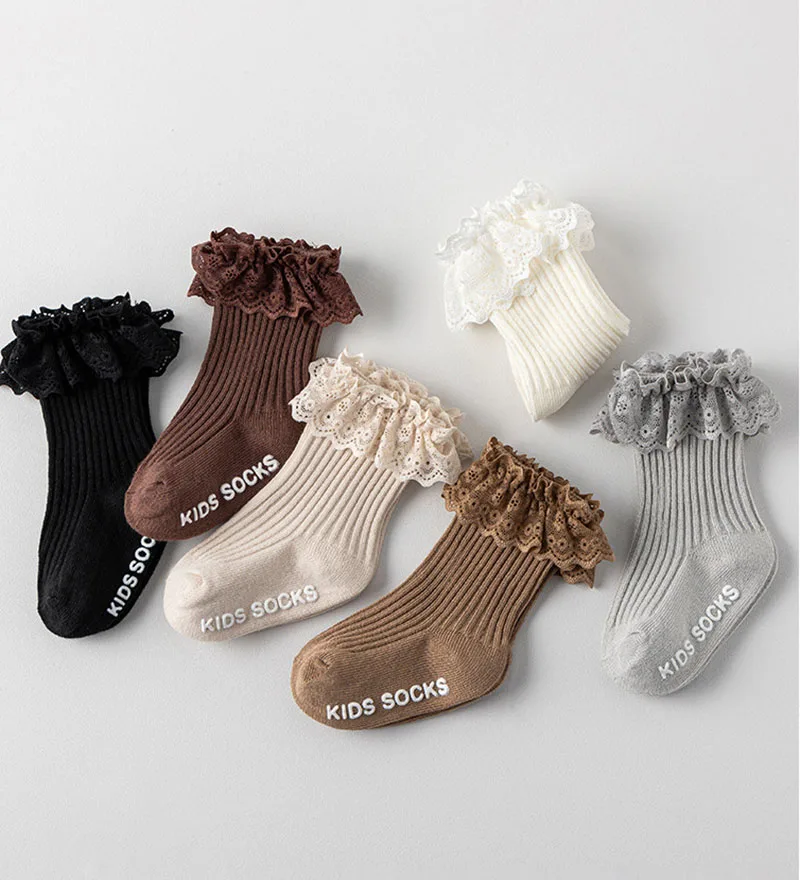3 Paar viele Frühlings-Kniestrümpfe für Kinder, 0–5 Jahre, dünne Spitze, rutschfeste Kindersocken, einfarbig, Mädchen-In-Röhrensocken