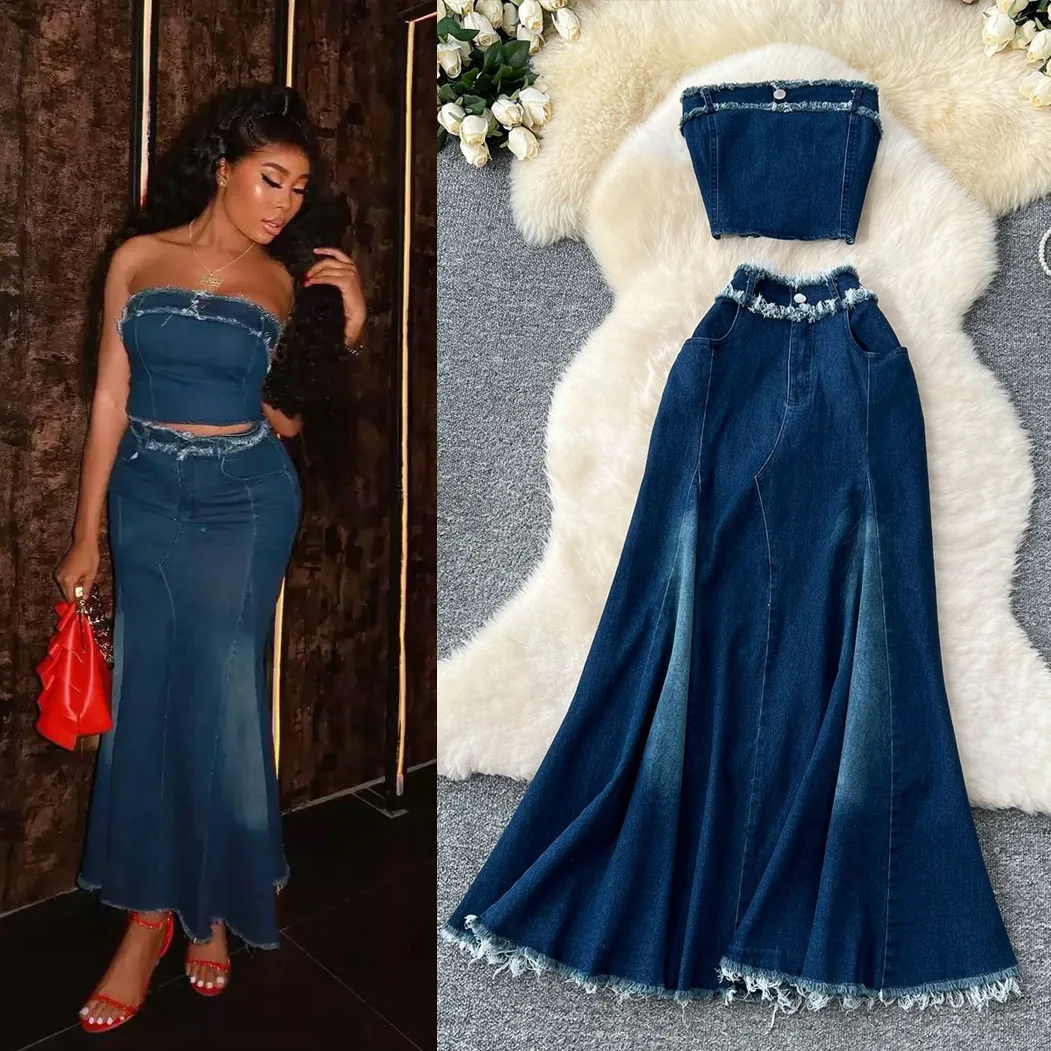 

Американская одежда, женский сексуальный топ без рукавов с грубыми краями, юбка-рыбий хвост с высокой талией, джинсовый костюм из двух предметов