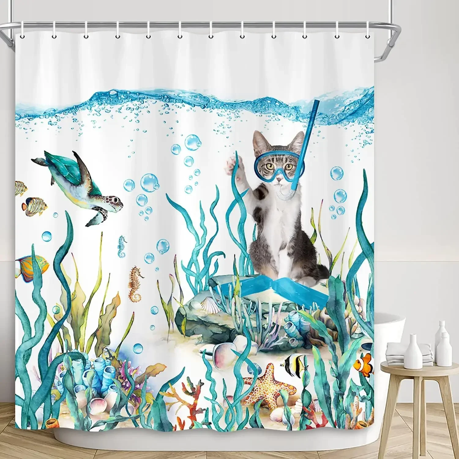 Funny Cat Shower Curtain, Dinosaur Cat Dog Animal Shark Funny Ocean Coral Goldfish Bathtub Bubbles Kids Cartoon Bathroom Decor