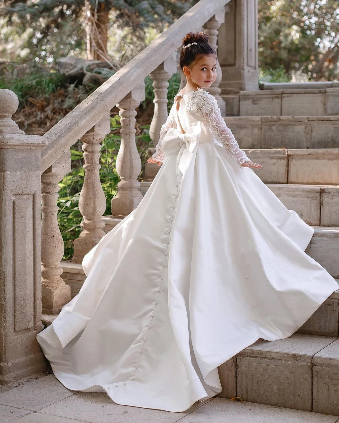 Gorgeous Satin Lace Printing Trailing Princess Flower Girl Dresses Wedding Party Ball First Communion Dresses Birthday Present