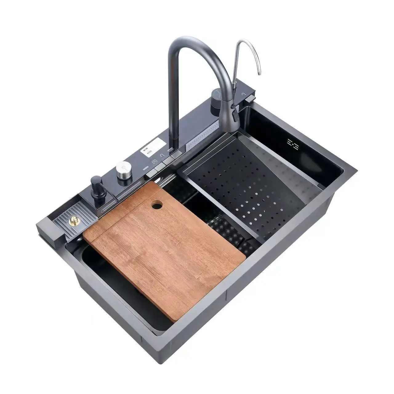 

2025 Edition, умная кухонная мойка со светодиодным цифровым дисплеем, многофункциональная современная двойная чаша из нержавеющей стали с водопадом и двумя отверстиями