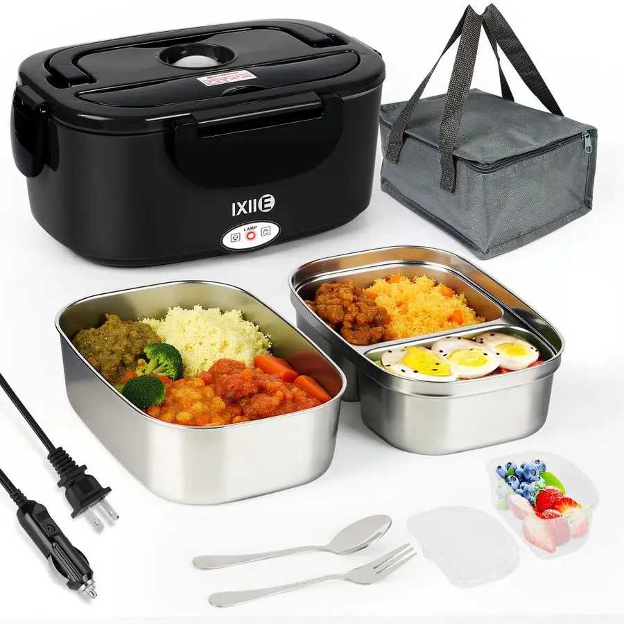 

Lunch Box 80W Food Warmer for Work, 12V 24V 110V Portable Lunch Warmer for Adults with 2Pack Stainless Steel Containers, Heated