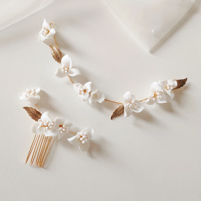 Simple Floral Short Headband Ceramic Flower Hair Accessories Women Side Comb For Bride