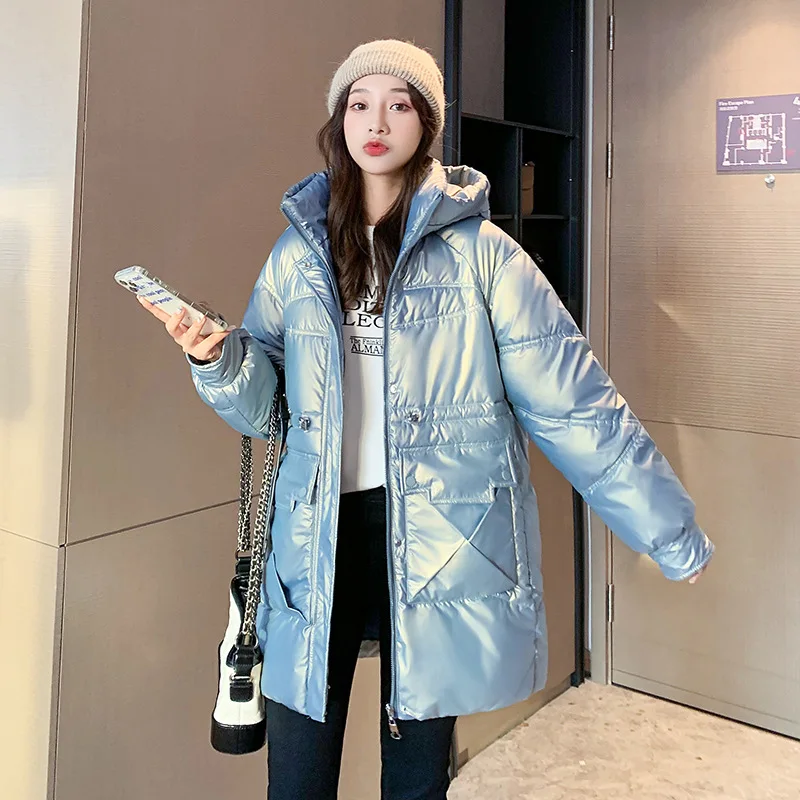 Nice Pop Parkas Women Winter Jacket Long Hooded Down Cotton Jacket Female Glossy Thick Cotton Padded Parka Basic Coat Outwear