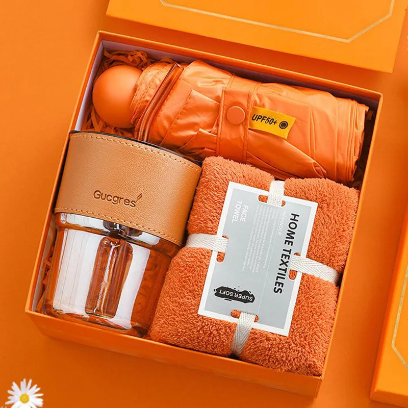 Orange gift box set. Sippy water cup fan towel mini umbrella, Sunflower New Year Gift set. Practical birthday gifts. Event gift.