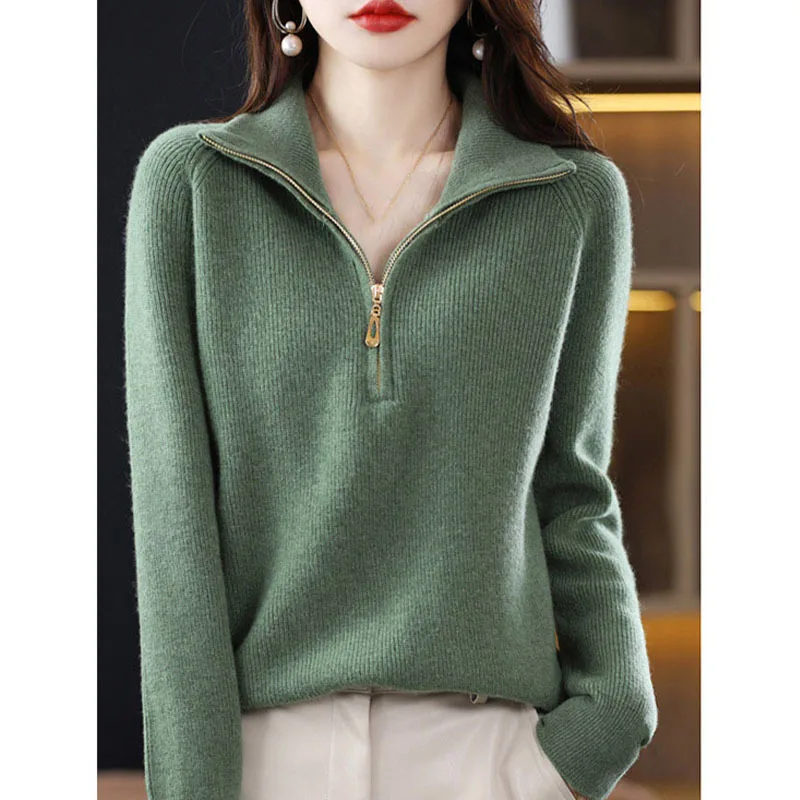 

Lapel Versatile Sweater Women's Autumn Winter Temperament Commuter Long-sleeved Pullover Half-zip Soft Waxy