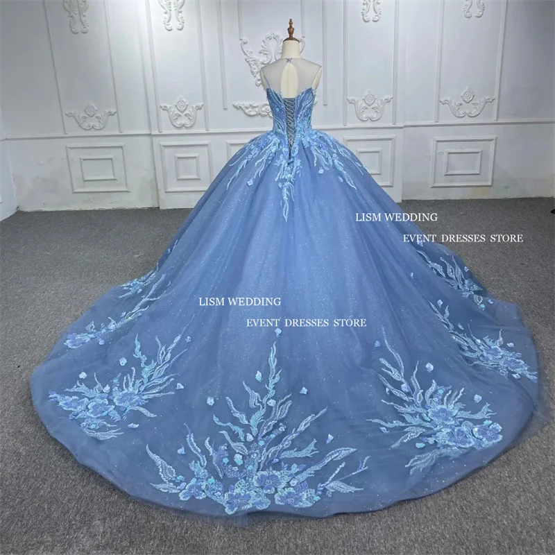 LISM-vestido de lantejoulas Quinceanera, lindo aplique de renda, vestido de baile com espartilho com gola o pescoço, personalizado, 15, 2020