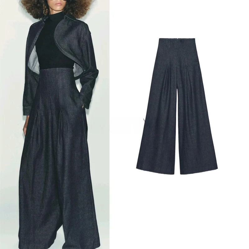 

Осень-зима, широкие повседневные брюки с высокой талией, женские новые декоративные плиссированные длинные джинсы, женские свободные брюки из полиэстера