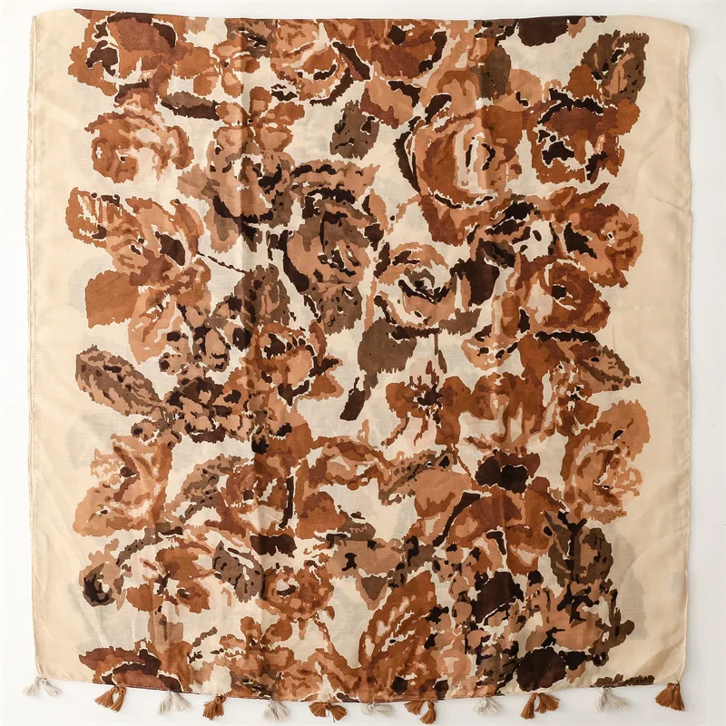 Vintage Ink Painting Leopard Tassel Viscose Shawl Scarf Lady Print Soft Pashmina Hijab and Wraps Foulard Muslim Sjaal 180*90Cm