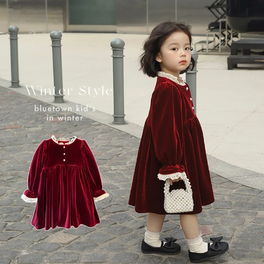 Children Wear 2023 Autumn and Winter New Girl Velvet Dress Baby Lace Lace and Velvet Long sleeved Children\'s New Year Dress