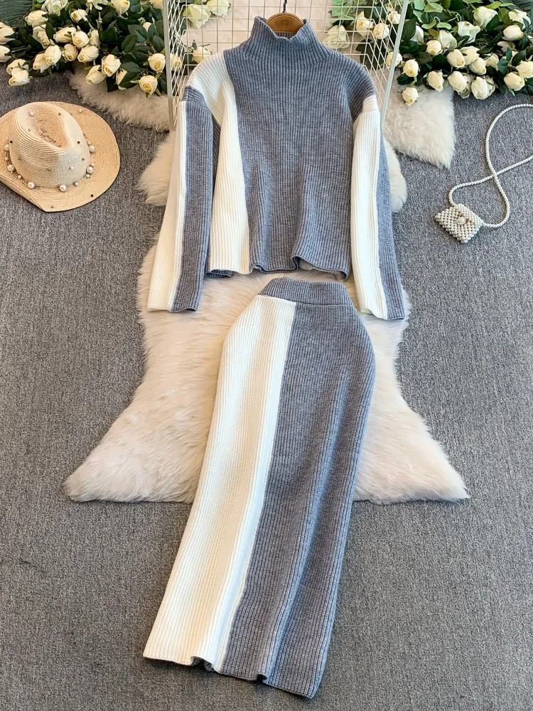 

Шикарный вязаный комплект с цветными блоками, женский зимний костюм, новый корейский свитер с воротником-стойкой и длинными рукавами, пуловер + эластичная юбка-миди с высокой талией