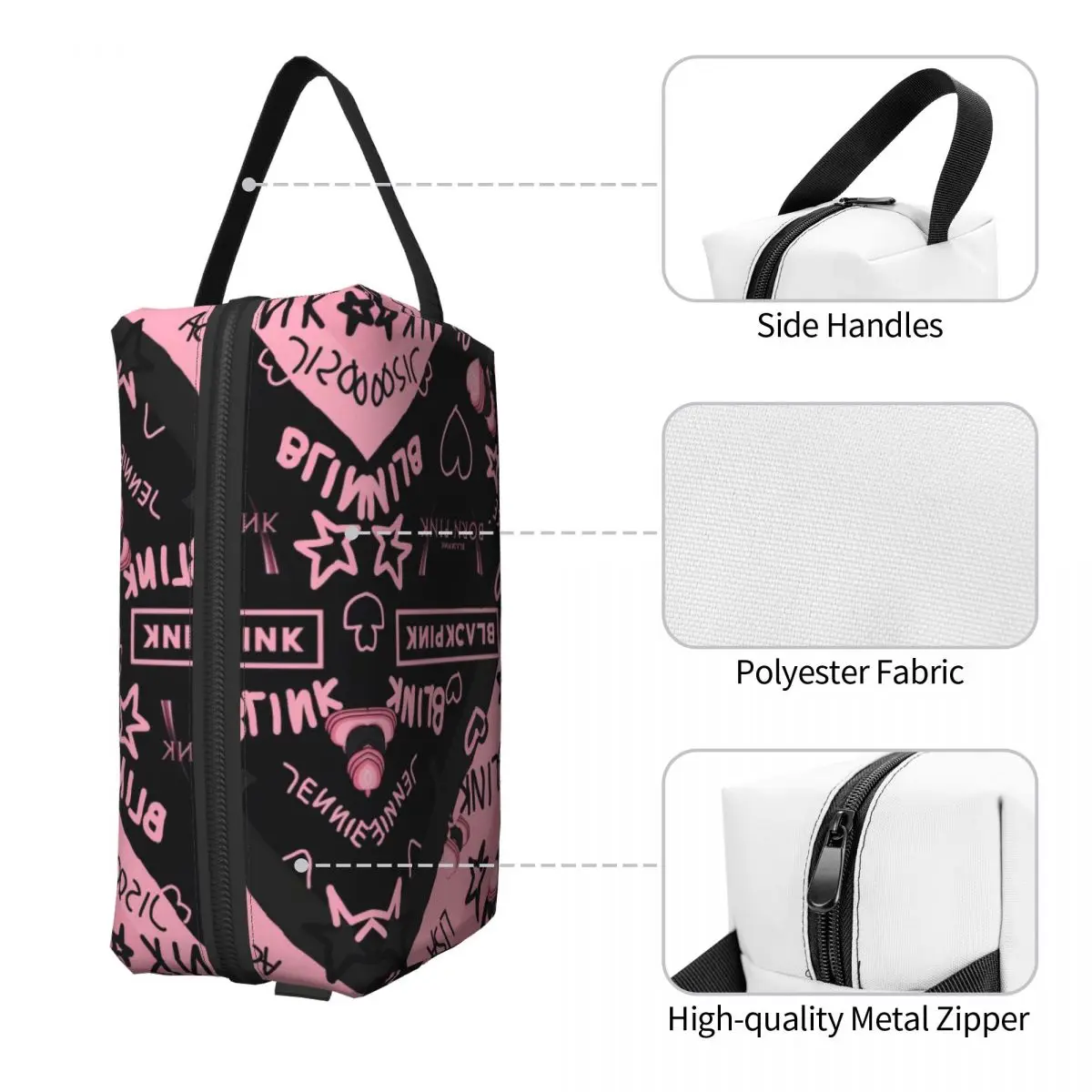 Bolsa de aseo personalizada Kpop Bp para mujer, organizador de maquillaje cosmético portátil, estuche de Kit de almacenamiento de belleza, negro y rosa